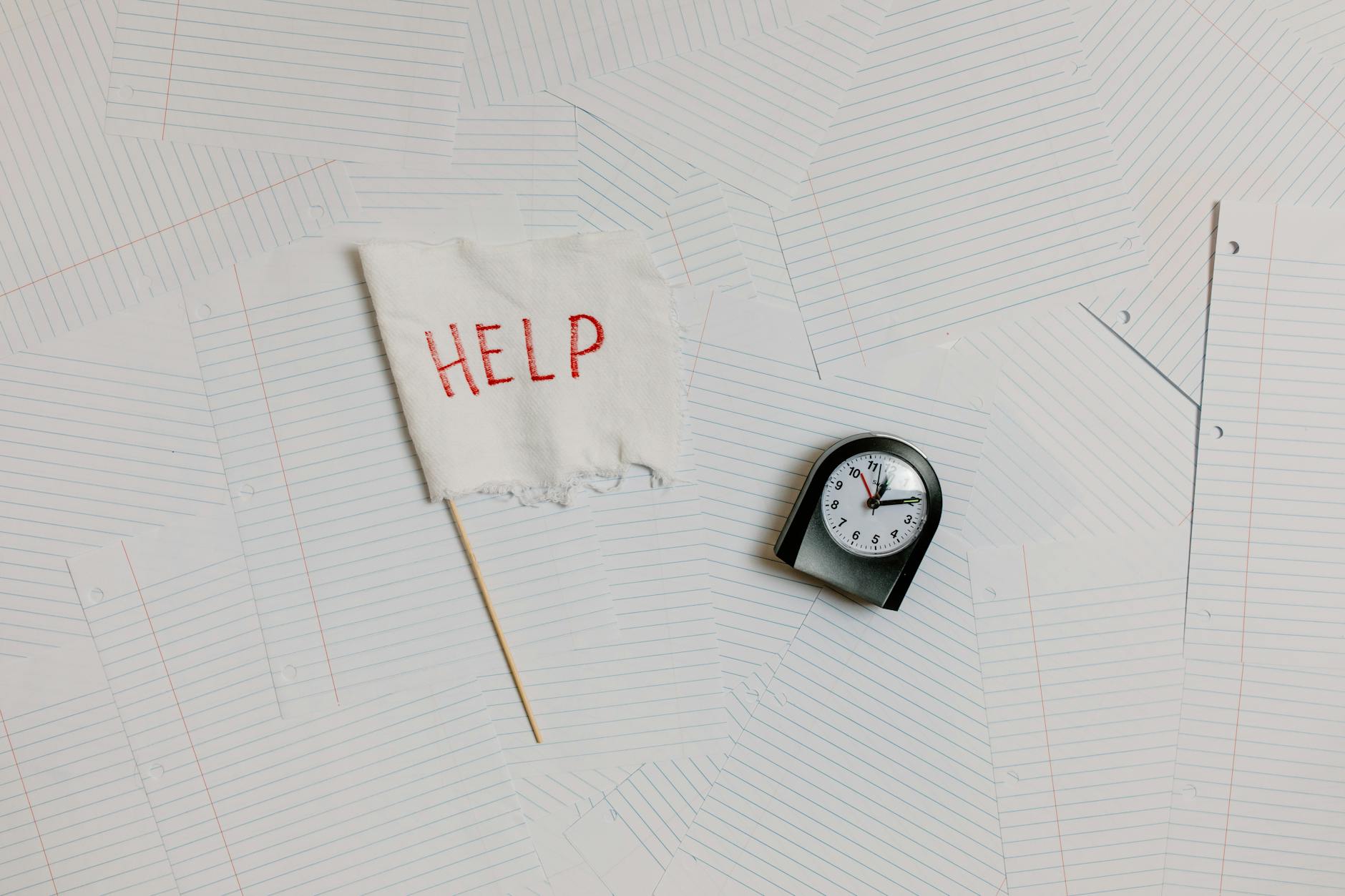 Biurkowy flat lay: zegar, sterta dokumentów i chorągiewka z napisem help