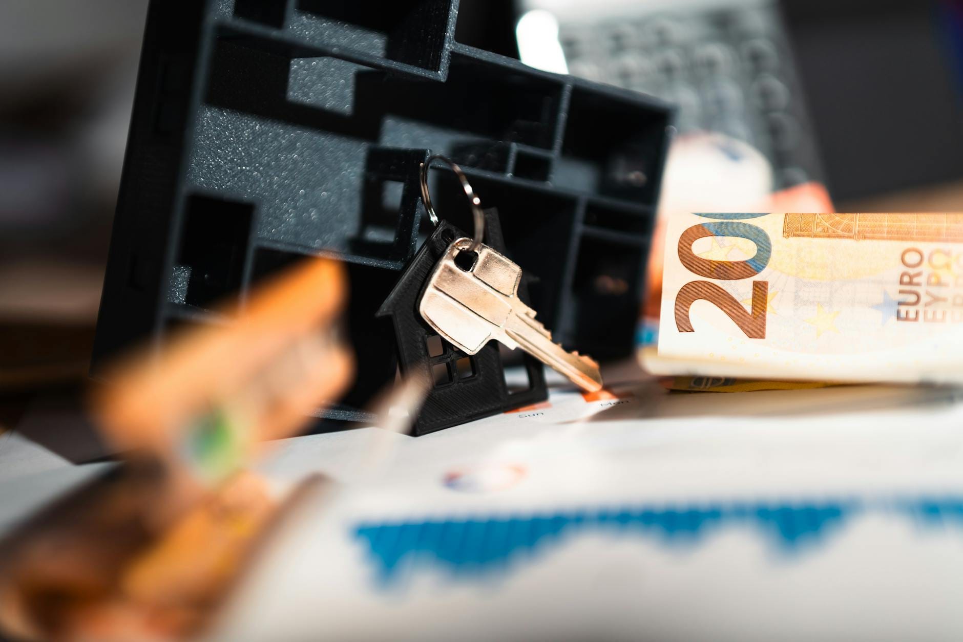 Klucze, model domu, euro i wykresy finansowe na biurku